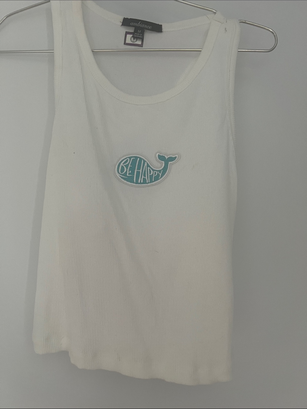 White Ribbed Crop Tank with Teal Whale Patch